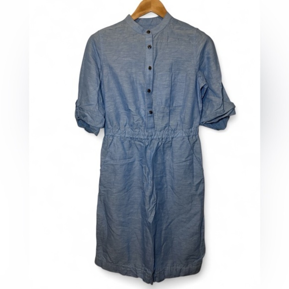 Ann Taylor Women 4 Tall Blue Denim Like Linen Cotton Shirt Pockets Cuff Dress - Picture 1 of 5